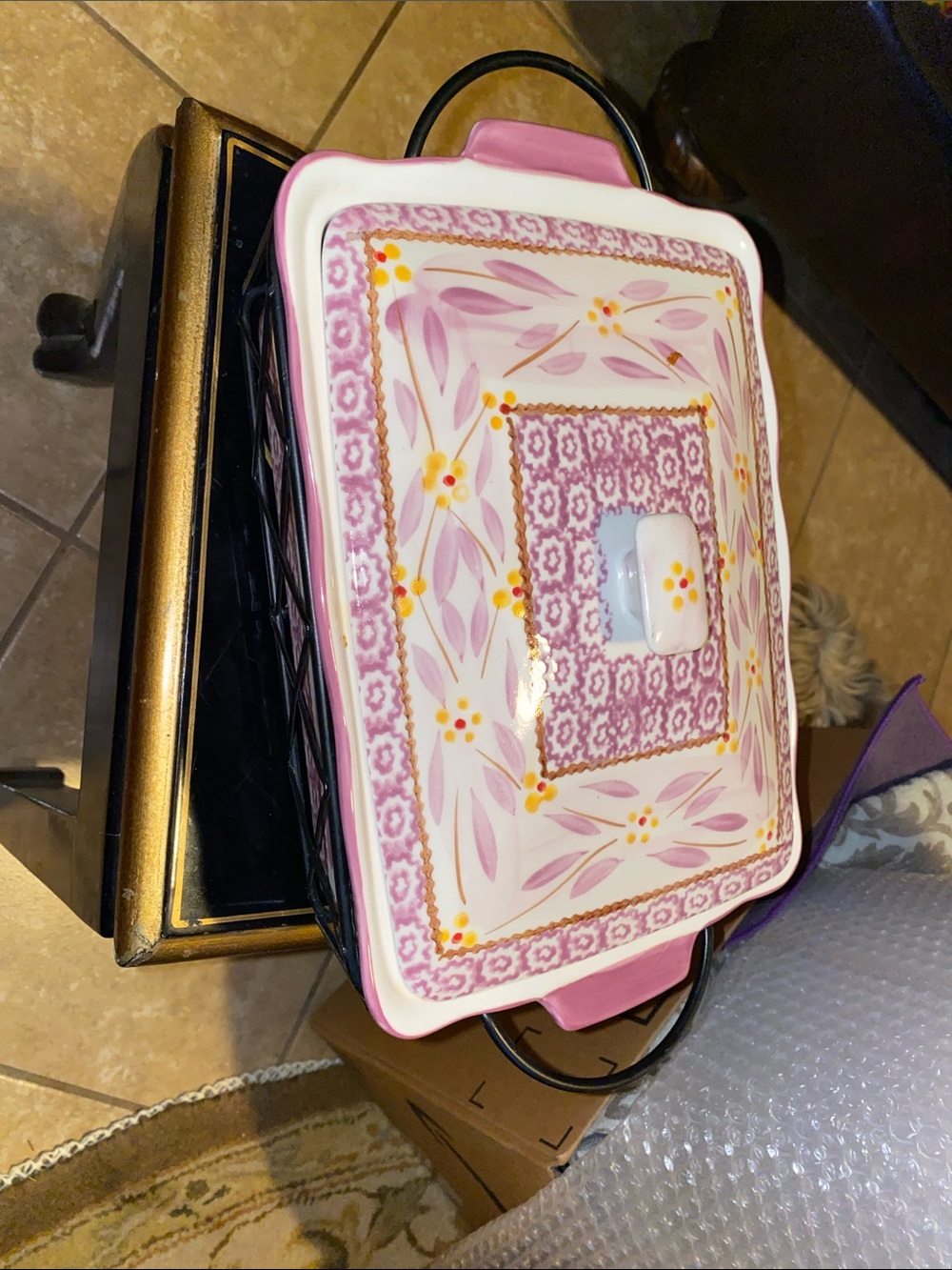 3PC Temptations Old World Pink Floral Ceramic Covered Casserole Dish